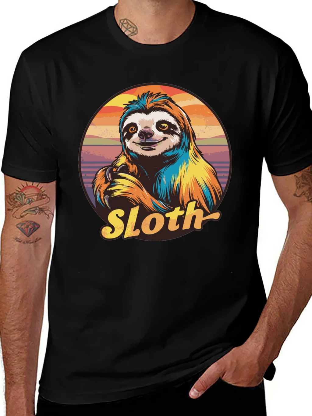 Retro Sloth Graphic T-Shirt - Black
