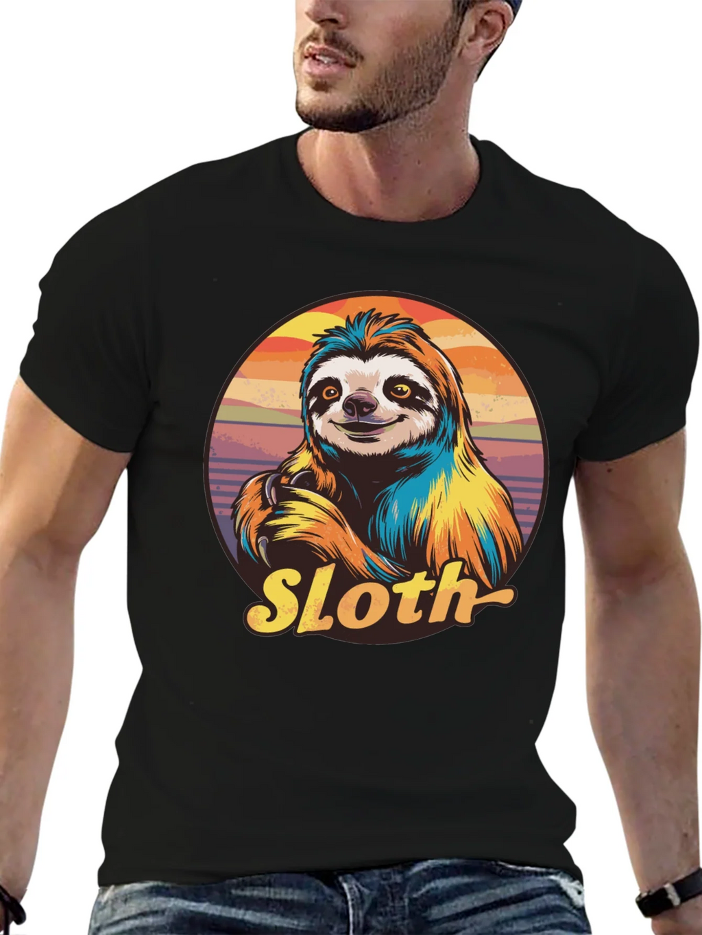 Retro Sloth Graphic T-Shirt - Black