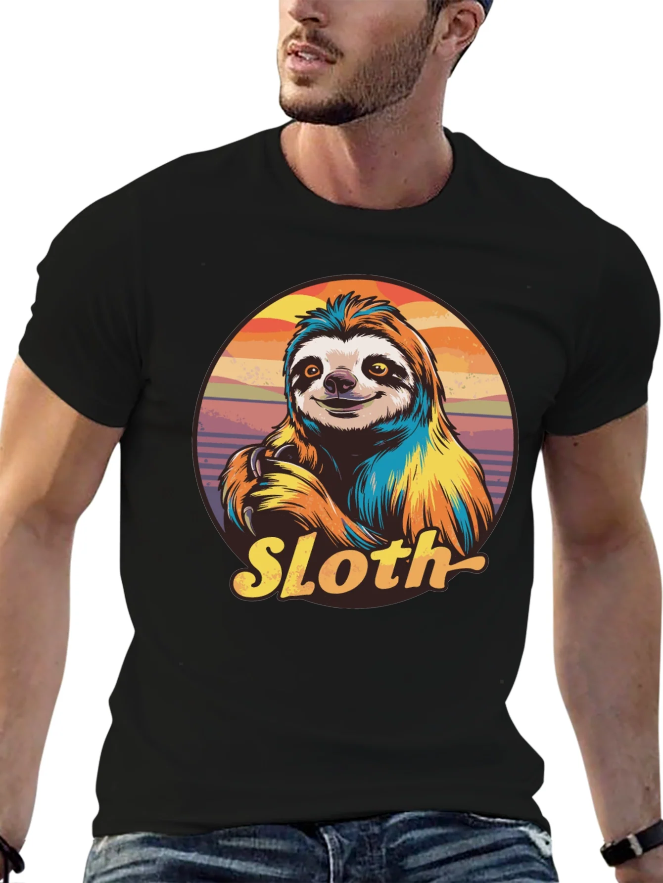 Retro Sloth Graphic T-Shirt - Black