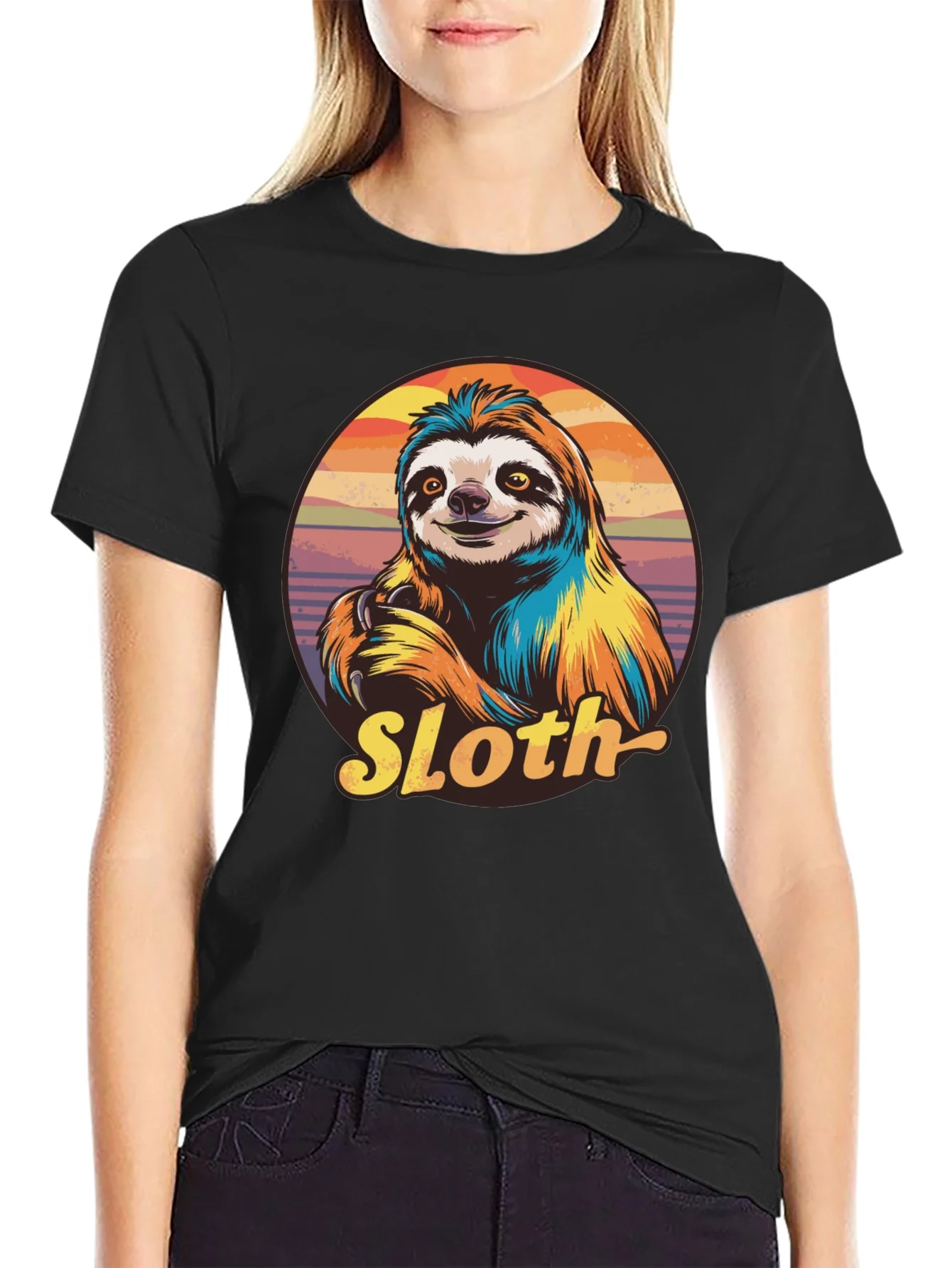 Retro Sloth Graphic T-Shirt - Black