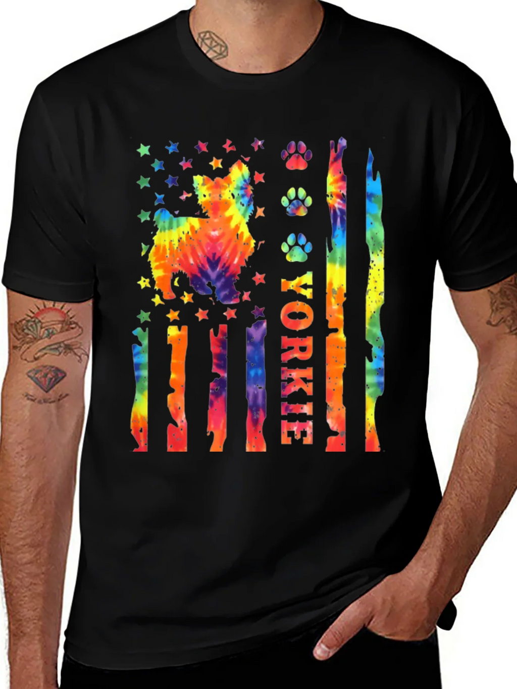 Yorkie Dog Tie-Dye American Flag T-Shirt
