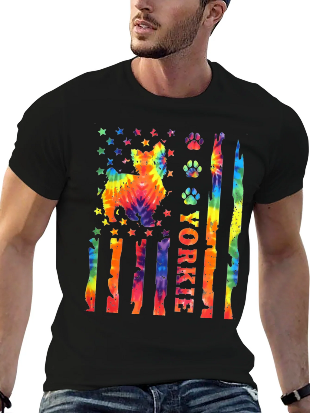 Yorkie Dog Tie-Dye American Flag T-Shirt