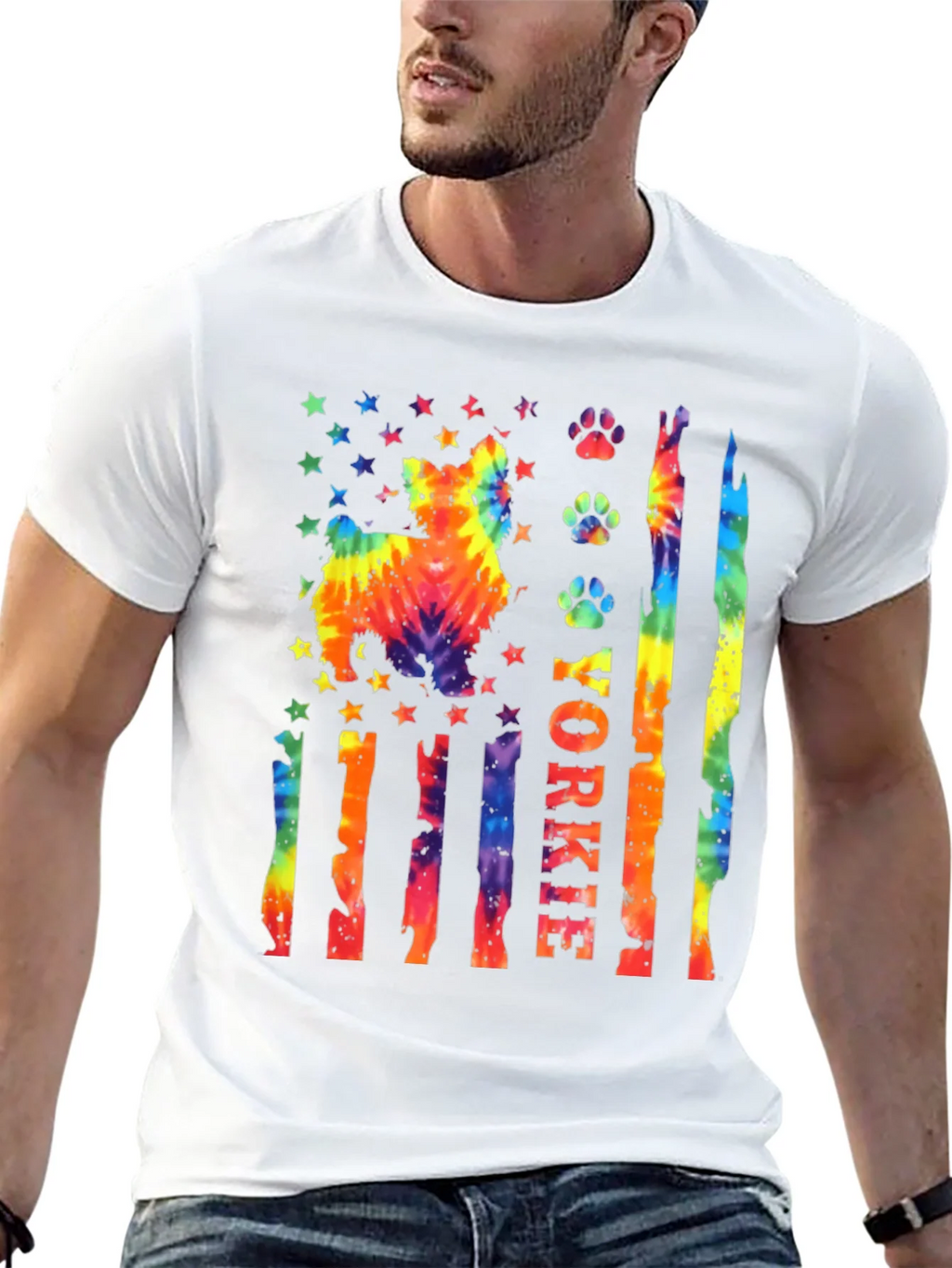 Yorkie Dog Tie-Dye American Flag T-Shirt