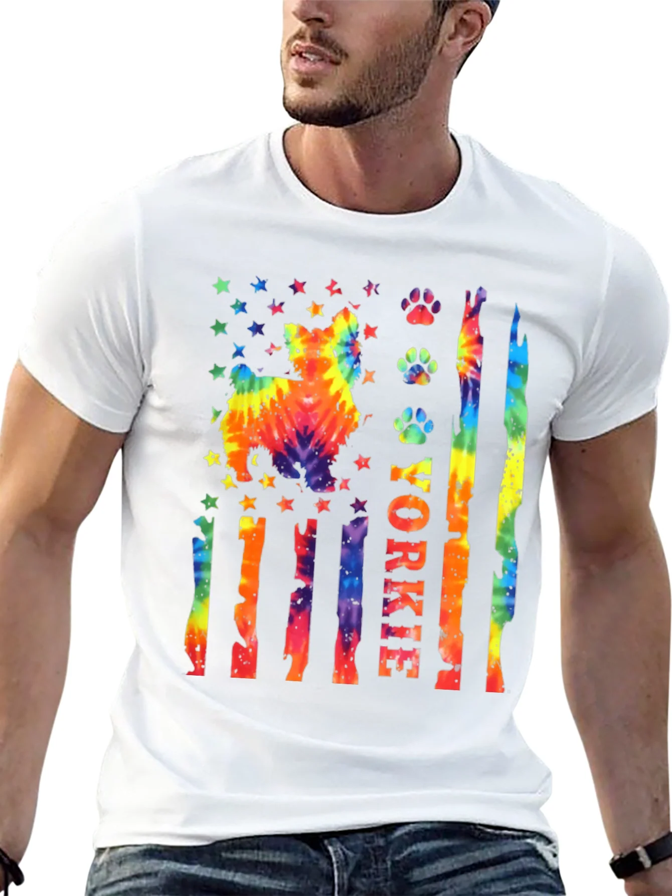 Yorkie Dog Tie-Dye American Flag T-Shirt