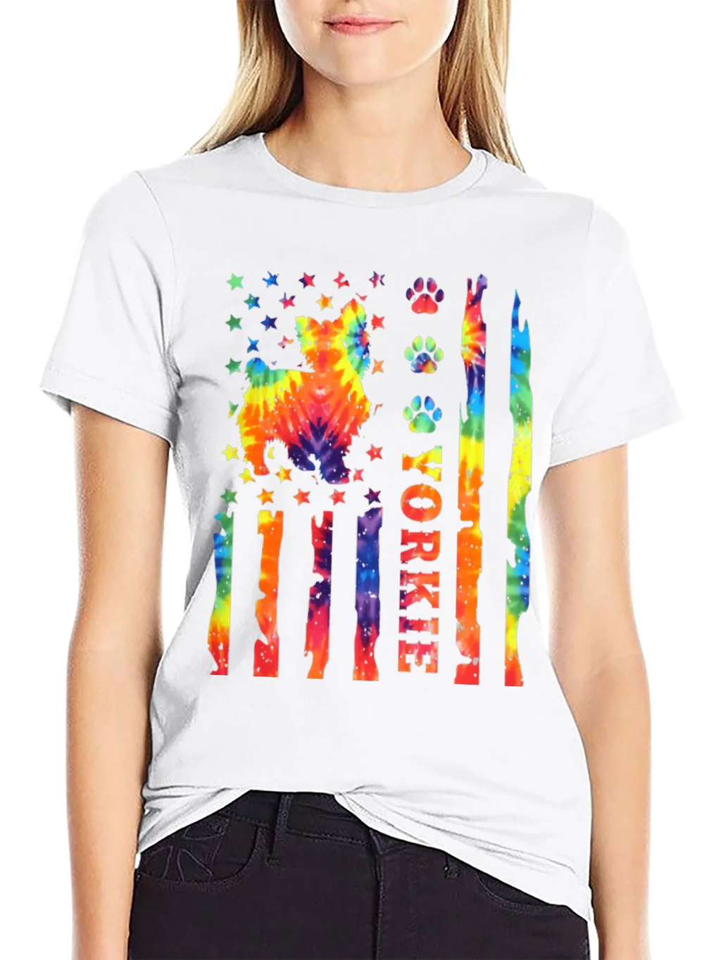 Yorkie Dog Tie-Dye American Flag T-Shirt