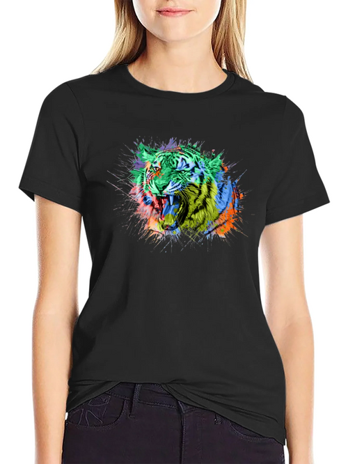 Colorful Tiger Graphic Black T-Shirt