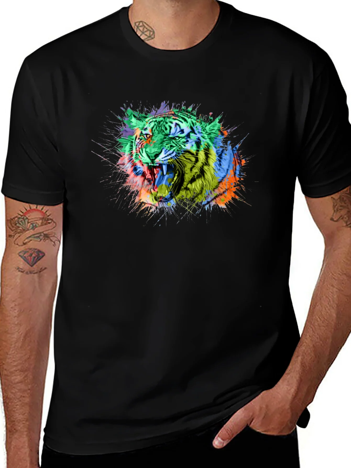 Colorful Tiger Graphic Black T-Shirt