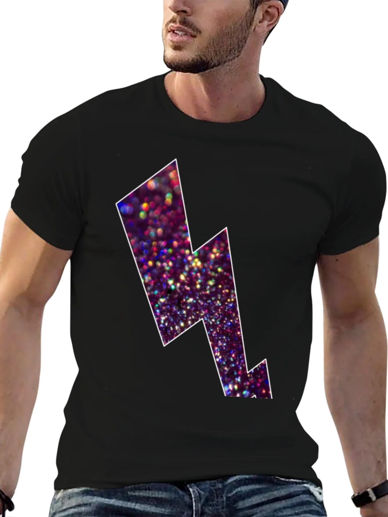 Black Tee with Glitter Lightning Bolt Design