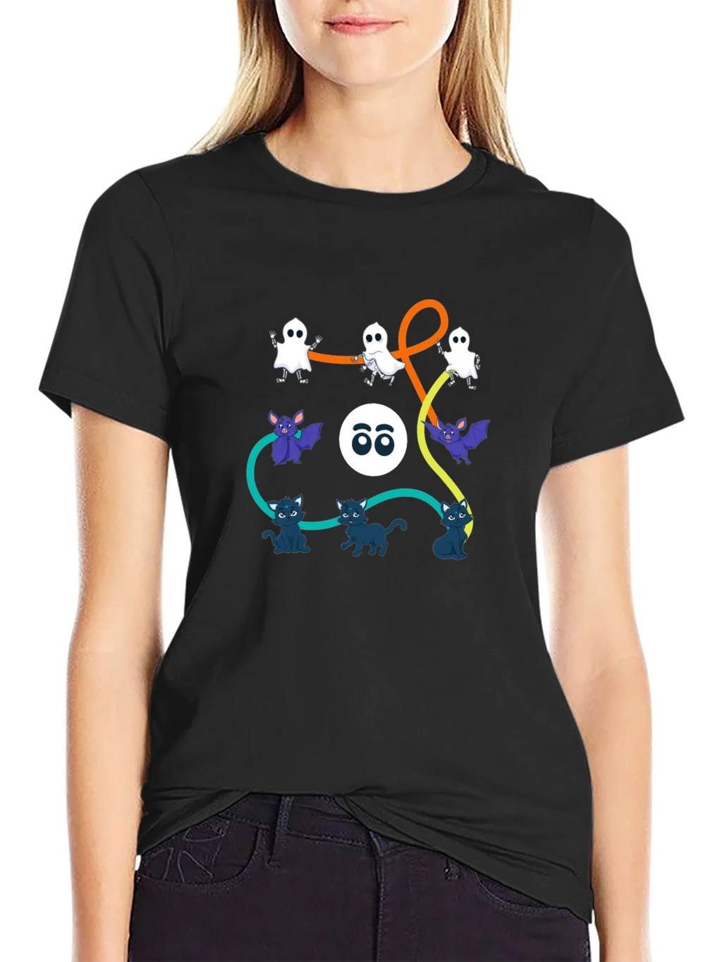 Halloween Graphic Print T-Shirt: Ghosts Bats Cats