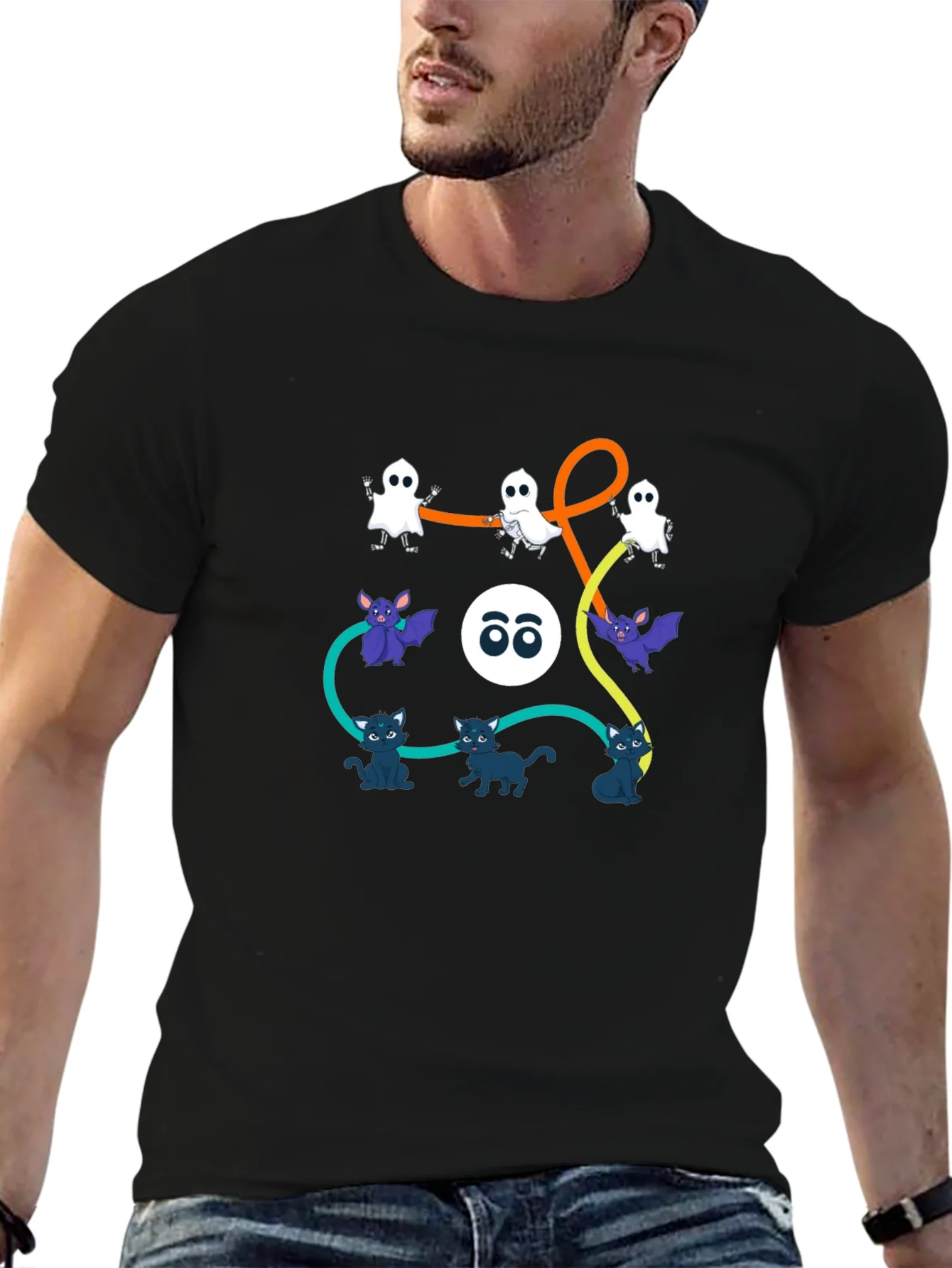 Halloween Graphic Print T-Shirt: Ghosts Bats Cats