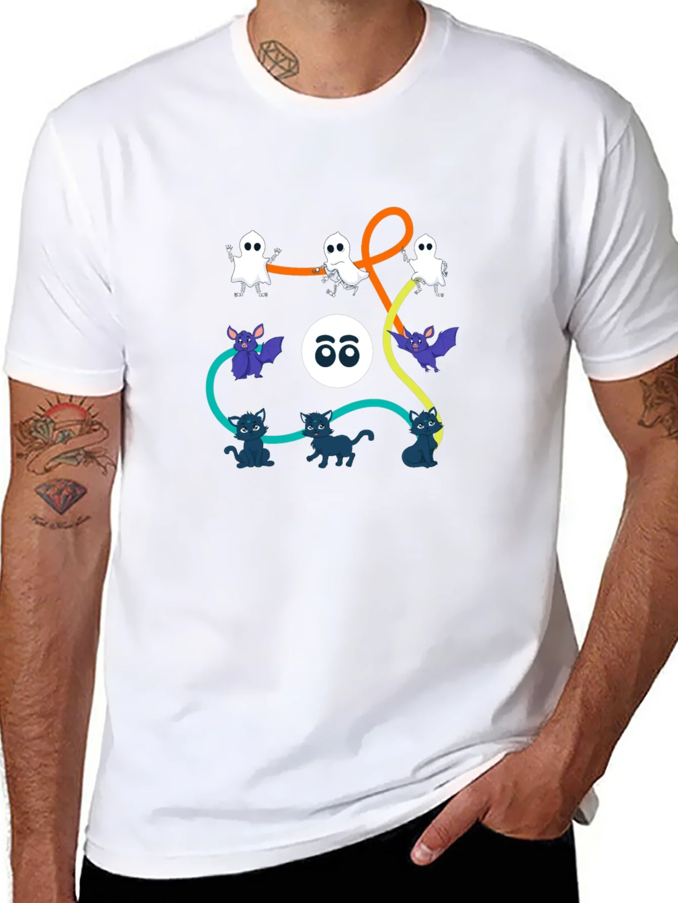 Halloween Graphic Print T-Shirt: Ghosts Bats Cats