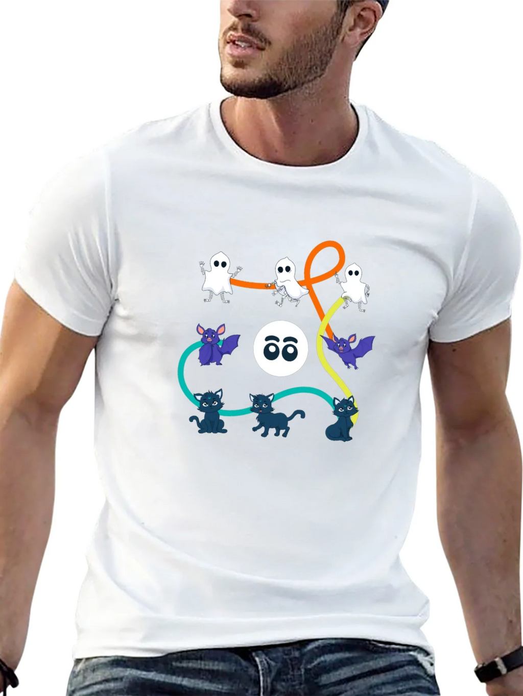 Halloween Graphic Print T-Shirt: Ghosts Bats Cats