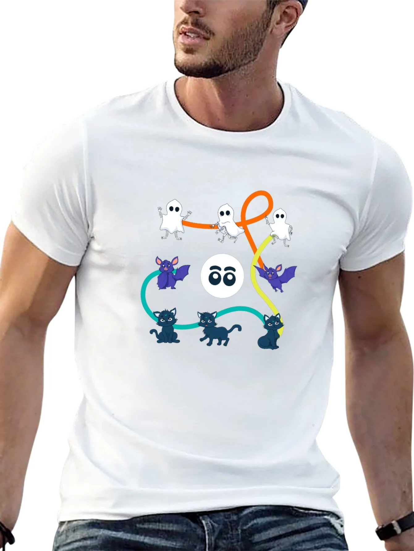 Halloween Graphic Print T-Shirt: Ghosts Bats Cats