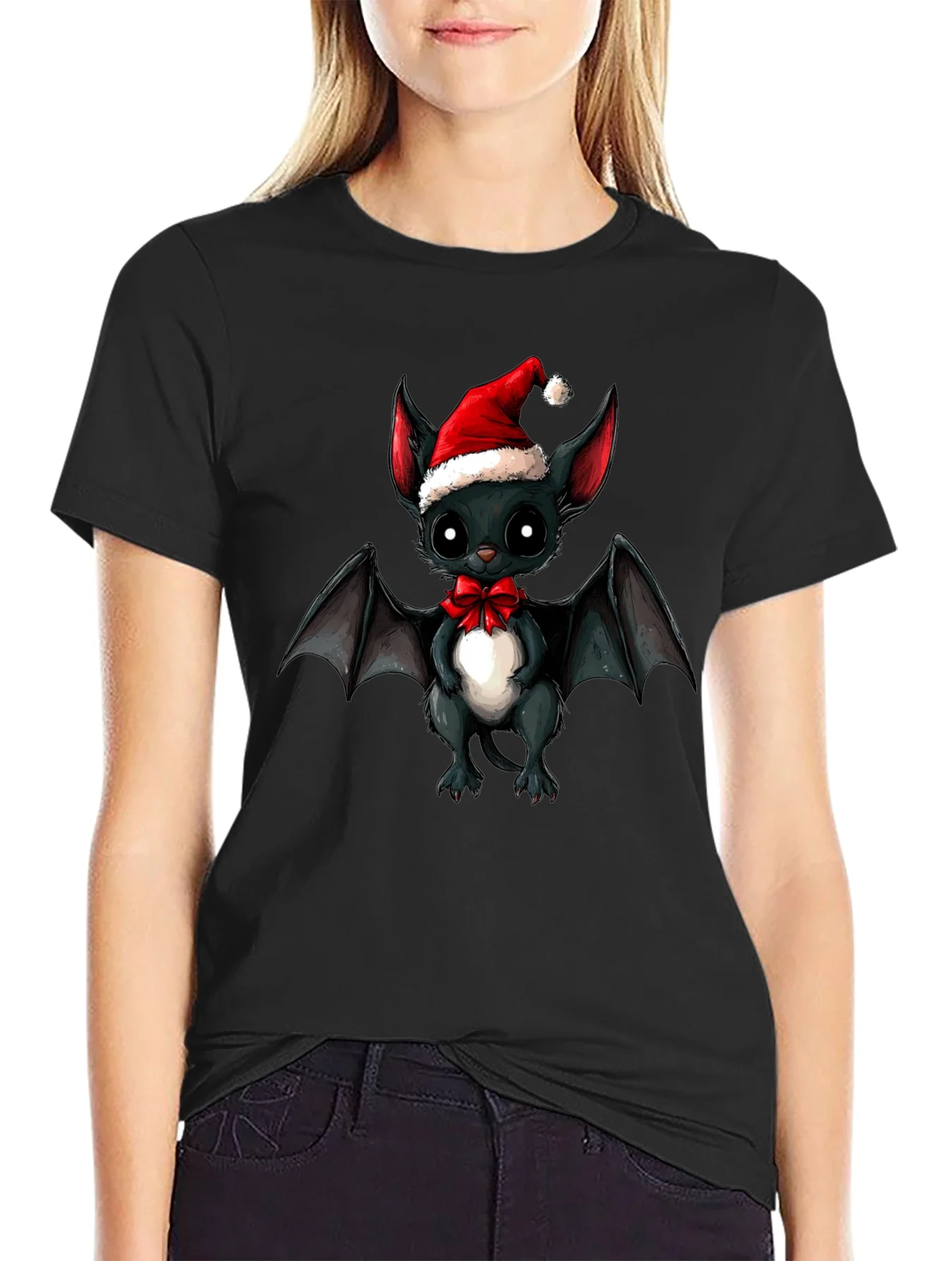 Cute Bat in Santa Hat Graphic Tee