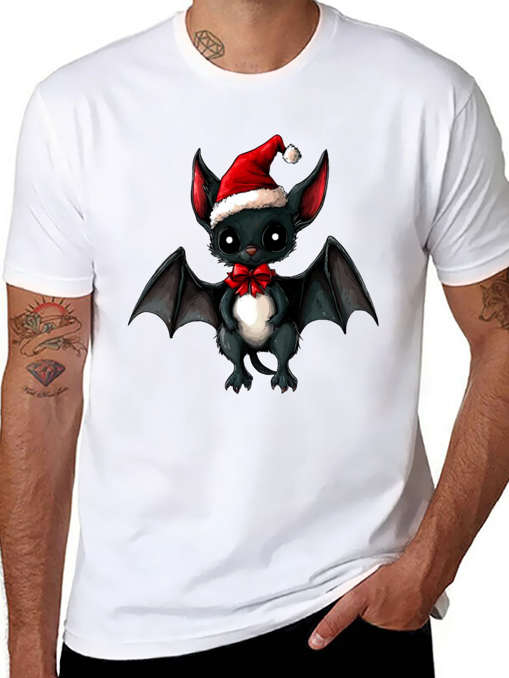 Cute Bat in Santa Hat Graphic Tee