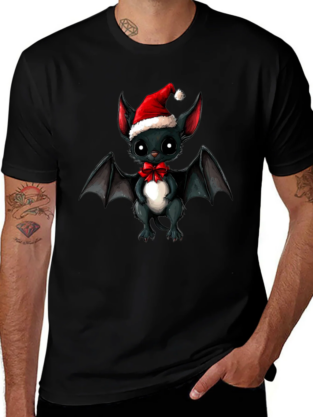 Cute Bat in Santa Hat Graphic Tee