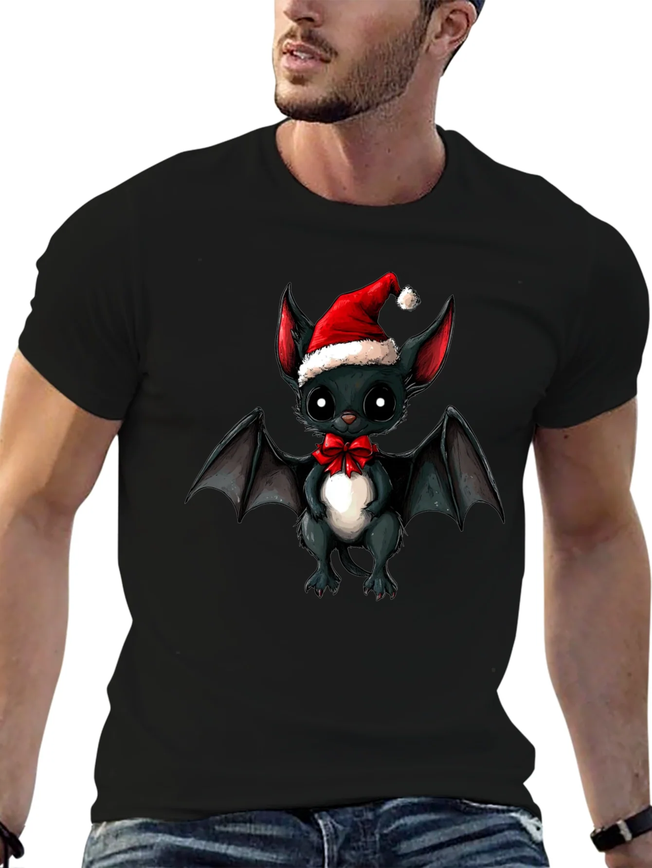 Cute Bat in Santa Hat Graphic Tee